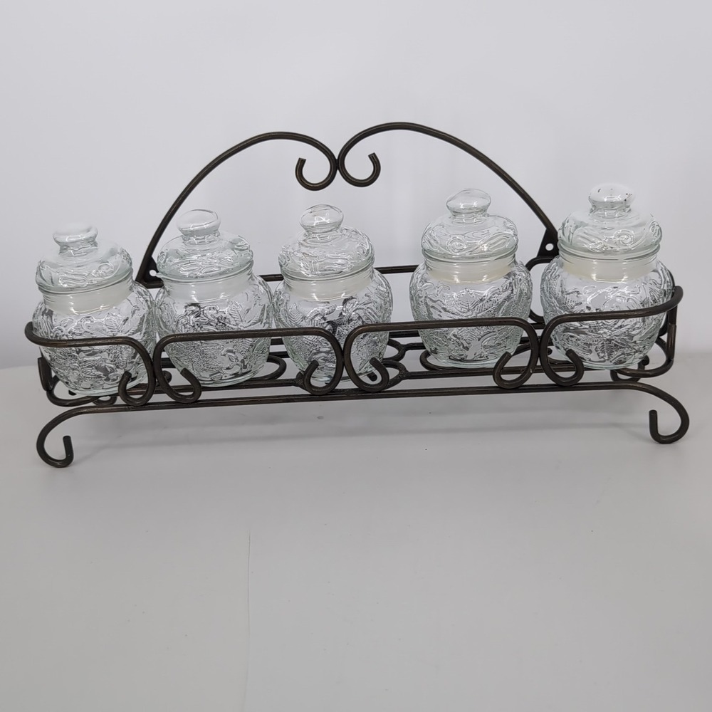 Princess House 5 Piece Fantasia Spice Jars with Bronze Wrought Iron Scroll Caddy